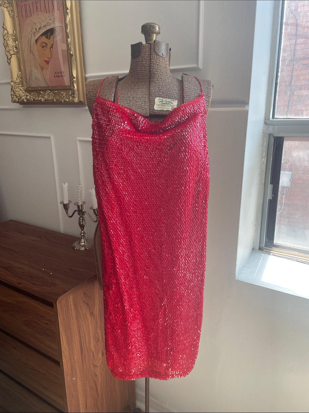 H&M Red Sequin Slip Dress with Cowl Neck